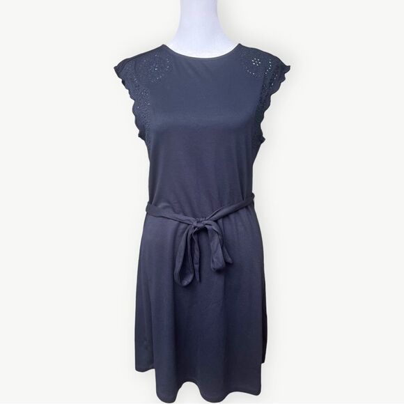 Ann Taylor LOFT Navy Blue Tie Waist Scallop Sleeve Eyelet A-Line Mini Dress. XS. - Picture 1 of 7